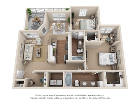 Floor plan for 2 beds, 2 baths, 1099 sqft